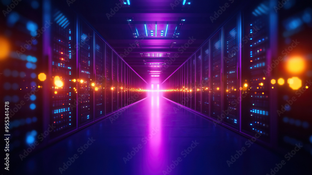 Poster a captivating view of a modern data center with vibrant lights, showcasing rows of servers and a fut