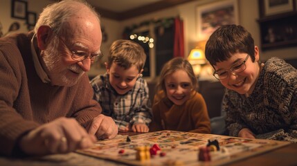Fototapeta premium Thanksgiving evening family game night in a cozy living room with board games, hot apple cider, and laughter among all generations