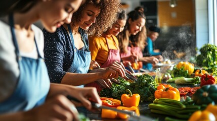 Friends of diverse backgrounds preparing Thanksgiving recipes in a bright modern kitchen cutting vegetables and sharing cooking tips