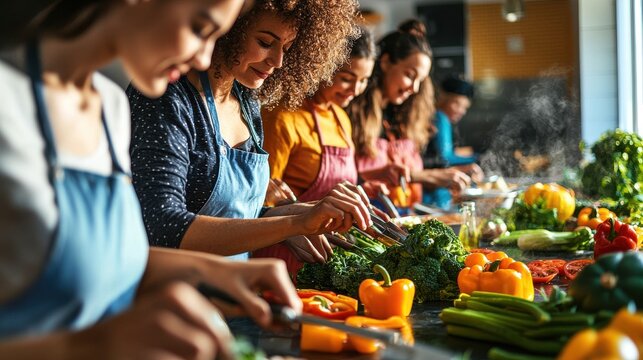 Friends of diverse backgrounds preparing Thanksgiving recipes in a bright modern kitchen cutting vegetables and sharing cooking tips