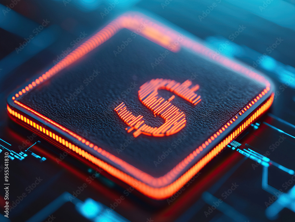 Poster a close-up view of a glowing dollar symbol on a digital interface, illustrating modern finance and t