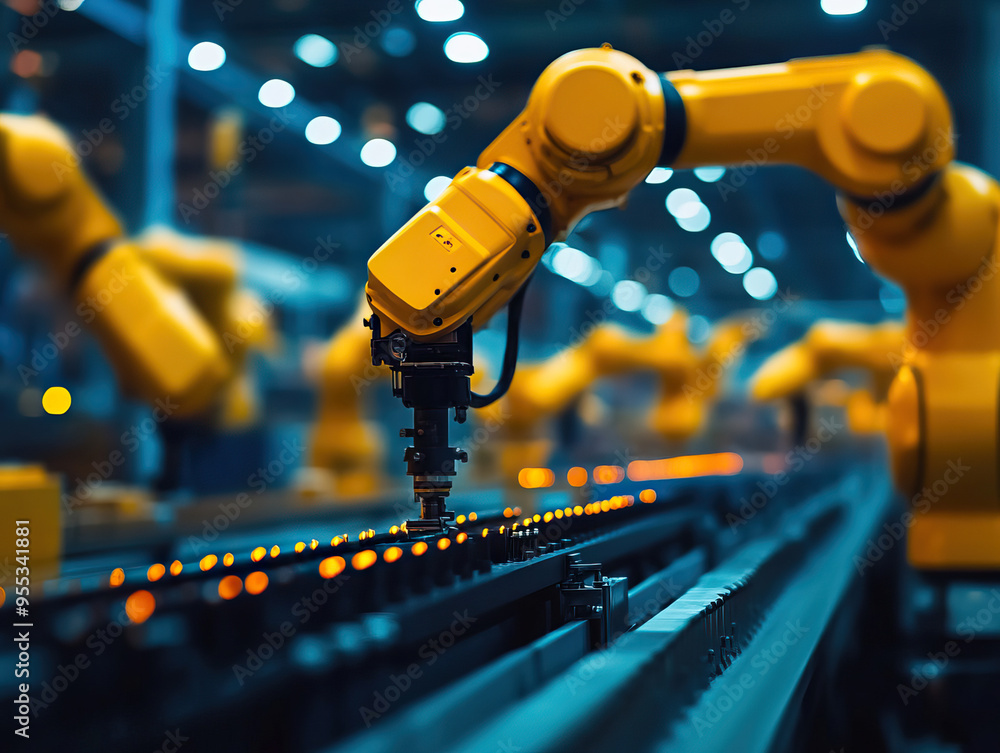 Poster a close-up view of a yellow robotic arm operating in a modern factory, showcasing advanced technolog