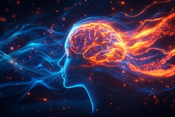 Brain asymmetry BDNF Woman&rsquo;s profile with a glowing brain surrounded by swirling energy symbolizing the power of ideas and the dynamic nature of thought