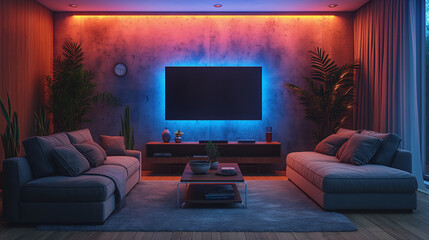 Modern living room with blue and red led lights at night showing home cinema concept