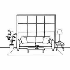Minimalist Living Room with Large Window and No Sofa – Vector Art