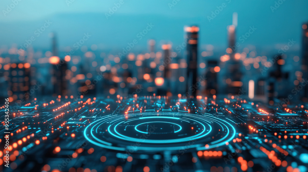 Poster a futuristic cityscape illuminated by vibrant neon lights and digital patterns showcasing advanced t