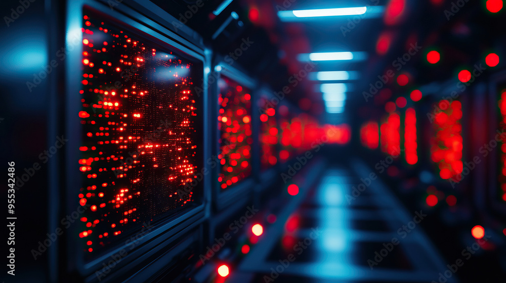 Poster a futuristic corridor filled with glowing red lights and digital displays, creating an immersive and