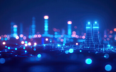 Obraz premium A futuristic concept of an industrial landscape highlighted by glowing blue energy structures and digital connections.