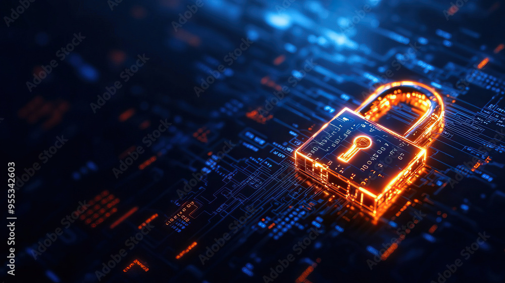 Poster a glowing digital padlock symbolizing cybersecurity and data protection in a technological environme