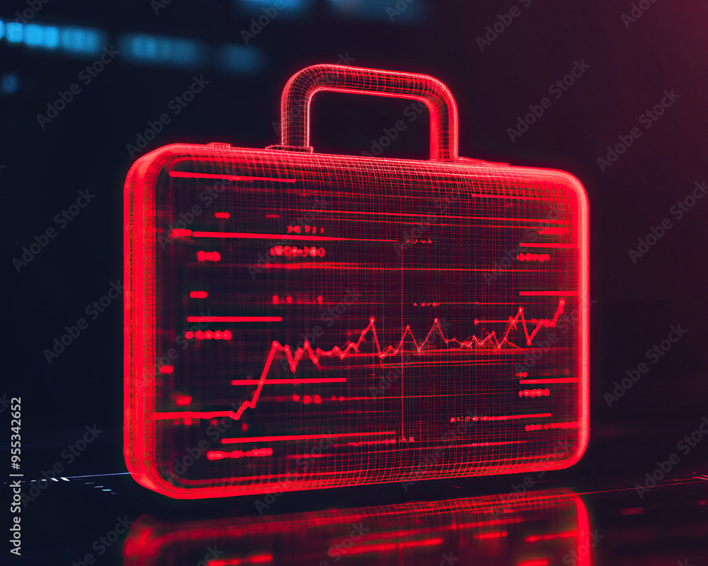 Poster a glowing red briefcase with data visualizations, symbolizing finance, analytics, and digital transf