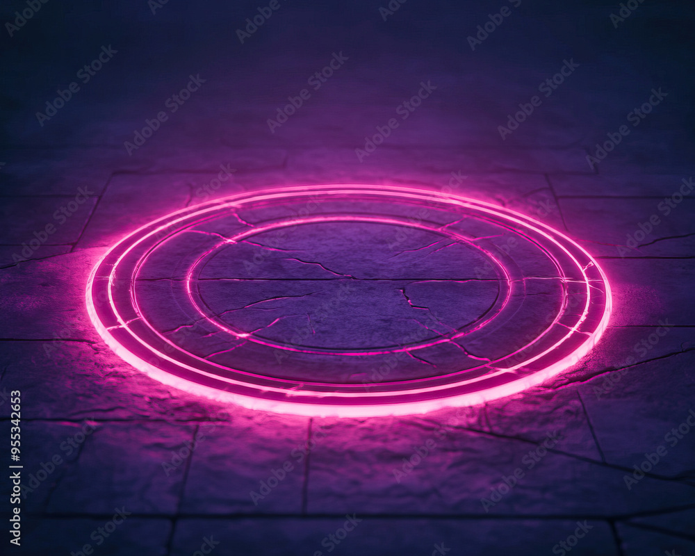 Poster a glowing pink circular neon pattern on a dark textured surface, creating a mystical and vibrant atm