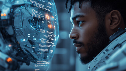 Robot works in human eyes, home assistant, artificial intelligence, technology	
, Generative AI.