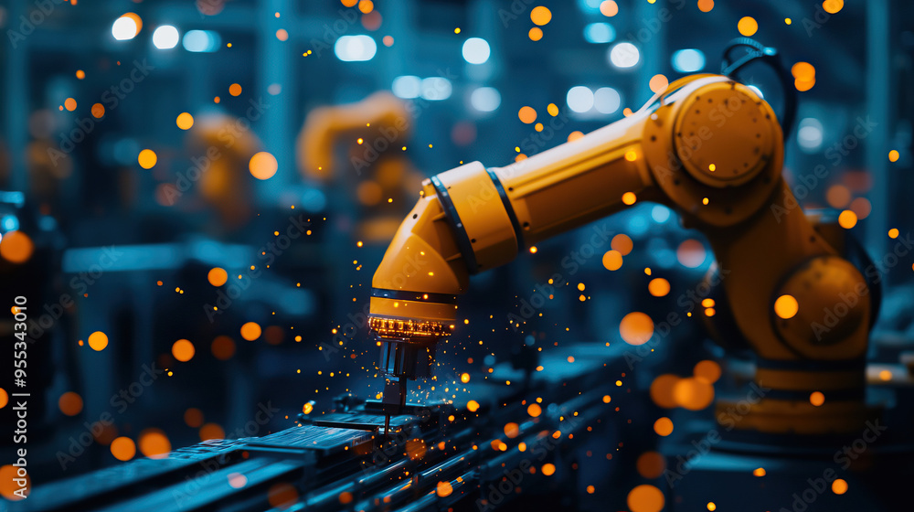 Poster a robotic arm operates in a modern factory, showcasing automation technology with sparks and blurred