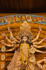 Obraz premium Subho mahalaya, An idol of Goddess Durga decorated in Pandal. Durga Puja is biggest religious festival of Hinduism and for bengalis and is now celebrated worldwide.