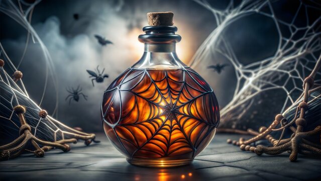 otion Bottle with Spiderweb Design Surrounded by Cobwebs and Spiders 