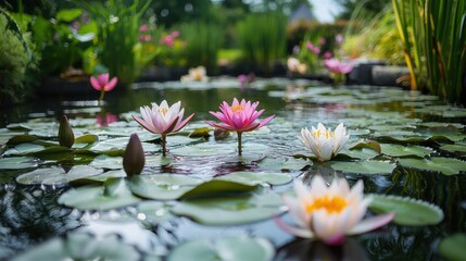 Tranquil Garden Pond with Pastel-Colored Water Lilies and Green Foliage | Peaceful Natural Scene in a Serene Setting
