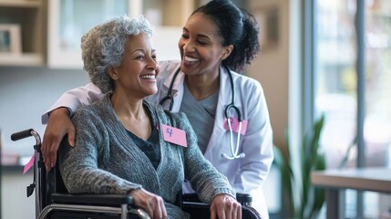 A happy doctor assisting a woman in a wheelchair, both smiling warmly, with a pink ribbon badge visible on the doctors coat, the background showing a well-lit, welcoming medical office, symbolizing