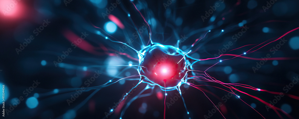 Poster abstract depiction of a neuron with glowing connections, illustrating the complexity of neural netwo