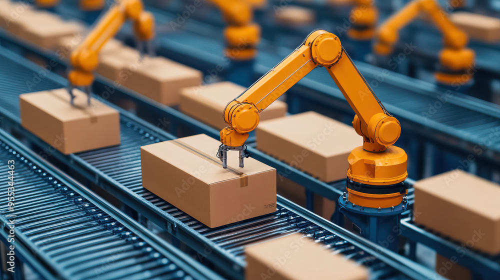 Aufkleber automated robotic arm handling cardboard boxes on a conveyor belt in a modern warehouse setting.