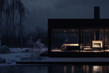 Modern house with panoramic windows in a Winter forest on the lake shore. the concept of winter holidays