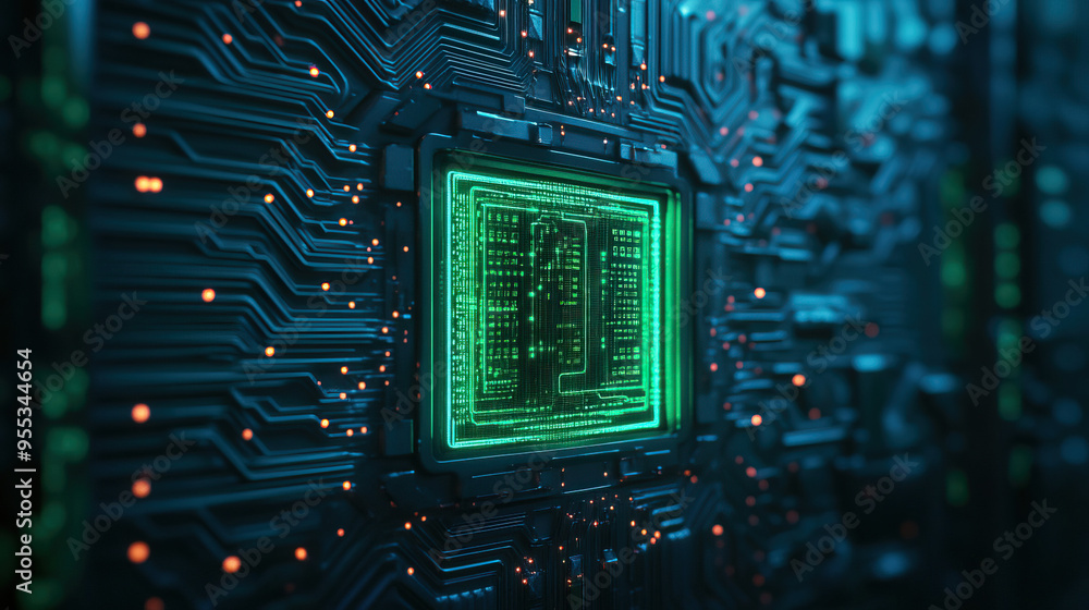 Poster close-up of a glowing microchip on a circuit board, symbolizing advanced technology and innovation i