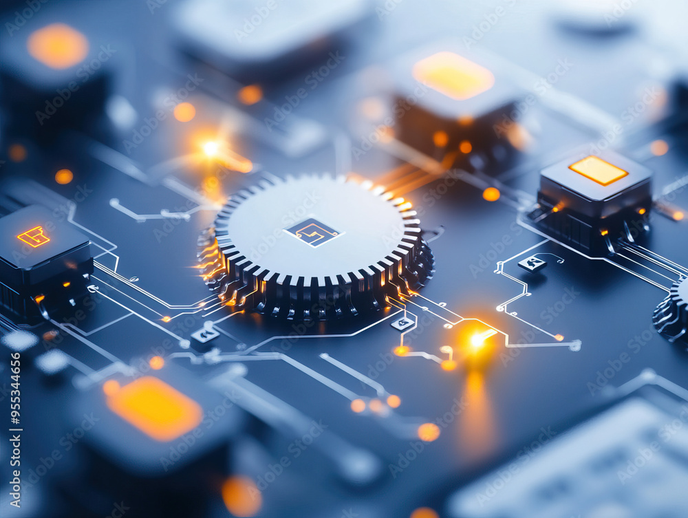 Poster close-up of a modern processor on a circuit board with glowing elements, showcasing technology and i