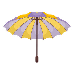 Open violet yellow umbrella. Rainy seasonal parasol. Protecting accessories. Autumn, spring season. Hand drawn colored vector illustration in flat style isolated on white background. © Yuliia Sydorova