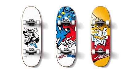 Colorful skateboard designs featuring unique graphics and artistic styles perfect for action sports enthusiasts.