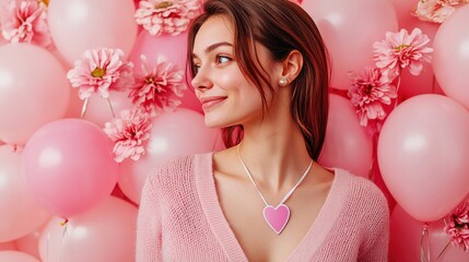 A woman standing proudly with a breast cancer awareness badge pinned to her chest against a backdrop of pink balloons and flowers representing hope and the celebration of life after cancer treatment