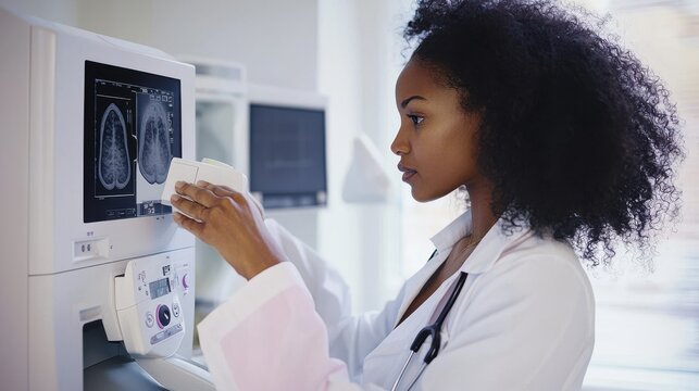 A healthcare professional conducting a breast cancer screening using a mammography machine in a clinical setting emphasizing the importance of routine screenings for early detection and the
