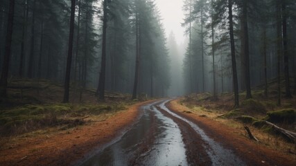 Whining road through the forest on cloudy day.