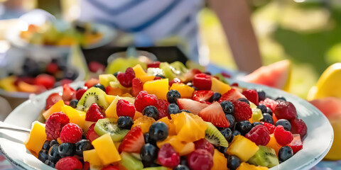 Vibrant summer fruit salad with berries and kiwi in outdoor picnic setting
