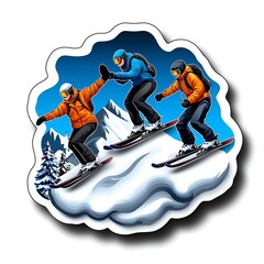 Dynamic skiing scene featuring three skiers mastering their skills on a snowy slope against a scenic mountain backdrop.