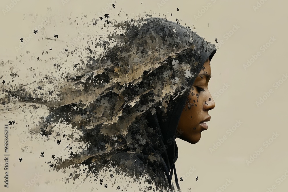 Poster conscious experience bdnf abstract depiction of a man’s head dissolving into digital particles symbo