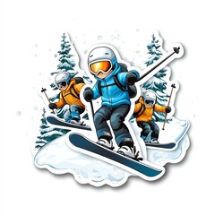 A vibrant illustration of skiers gliding through snowy terrain, showcasing winter sports and adventure in a festive atmosphere.