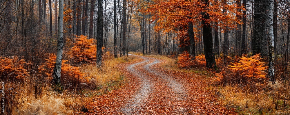 Wall mural Winding path through a vibrant autumn forest with orange leaves and tall trees creating a serene and picturesque atmosphere.