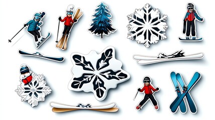 Colorful winter stickers featuring skiers, snowflakes, and pine trees for a fun winter theme.