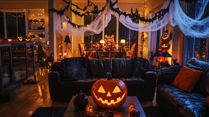 A spooky living room decorated for Halloween with black and orange streamers, spiderwebs, and a giant glowing jack-o'-lantern centerpiece