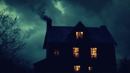 A silhouette of a spooky haunted house with flickering lights and shadowy figures in the windows set against a dark stormy sky