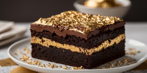 Chocolate brownies topped with edible gold flakes on white cake stand.