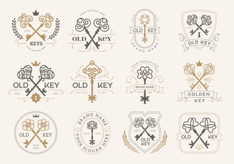 Keys. Luxury premium royal brand identity icons recent vector badges with stylized keys illustrations