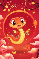 Obraz premium 2025 Year of the Snake New Year's card template with Japanese pattern and Snake. postcard, design