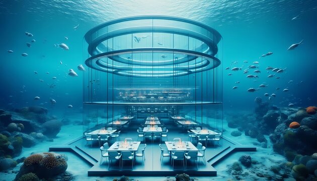 Fototapeta Futuristic bauhaus restaurant immersed in the bottom of the Caribbean Sea, large windows where you can see the sea, large mirrors. Bauhaus interior design. generative artificial intelligence tools.