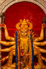 Fototapeta premium Subho mahalaya, An idol of Goddess Durga decorated in Pandal. Durga Puja is biggest religious festival of Hinduism and for bengalis and is now celebrated worldwide.