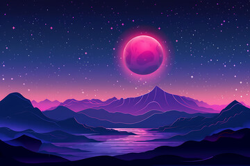 Mountains landscape in the morning. Sun on colorful purple sky. Nature background.