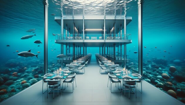 Fototapeta Futuristic bauhaus restaurant immersed in the bottom of the Caribbean Sea, large windows where you can see the sea, large mirrors. Bauhaus interior design. generative artificial intelligence tools.