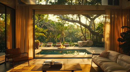 Fototapeta premium Minimalist living room design overlooking the rainforest, pool and fire pit. Living room with panoramic sliding door. Interior concept.
