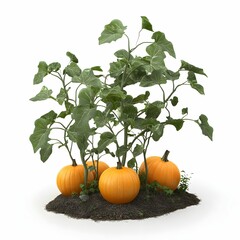 A 3d tree with orange pumpkin growing on it. there are many of them