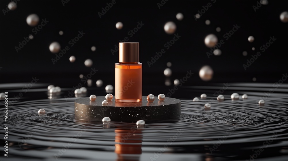 Poster elegant bottle surrounded by floating pearls in rippling water, creating a serene atmosphere in a mi