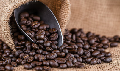 Fototapeta premium Granos de café sobre una tela de saco